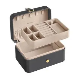 Produktbild: SONGMICS Schmuckkästchen Reise, Schmuckkasten klein, 2 Ebenen Schmuckaufbewahrung, tragbar, Schmuck-Reiseetui, für größere Accessoires, 11 x 16 x 8 cm, Geschenkidee, schiefergrau JBC166G01
