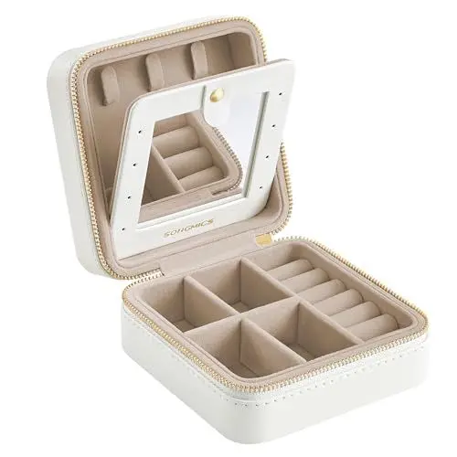 Produktbild: SONGMICS Schmuckkästchen Reise, Schmuckkasten klein, Schmuck-Reiseetui, Spiegel, Reißverschluss, Schmuckaufbewahrung tragbar, PU-Bezug, 11,4 x 11,4 x 5,5 cm, Geschenkidee, wolkenweiß JBC146BEV2