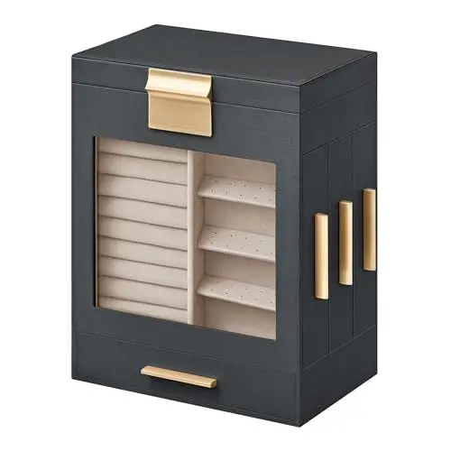 Produktbild: SONGMICS Schmuckkästchen, Schmuckkasten 5 Ebenen, Schmuckbox, Glasfenster, seitliche Schubladen, großer Spiegel, Schmuckaufbewahrung, 12,9 x 20 x 24,7 cm, schiefergrau-metallisches Gold JBC172G01