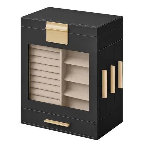 Produktbild: SONGMICS Schmuckkästchen, Schmuckkasten 5 Ebenen, Schmuckbox, Glasfenster, seitliche Schubladen, großer Spiegel, Schmuckaufbewahrung, 12,9 x 20 x 24,7 cm, tintenschwarz-metallisches Gold JBC172B01
