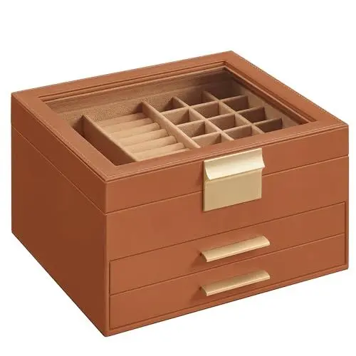 Produktbild: SONGMICS Schmuckkästchen, Schmuckkasten mit 3 Ebenen, Schmuckbox mit Glasdeckel, 2 Schubladen, Schmuckaufbewahrung, viel Stauraum, modern, Geschenk für Ihre Liebsten, karamellbraun-golden JBC239K01