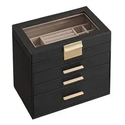 Produktbild: SONGMICS Schmuckkästchen, Schmuckkasten mit 4 Ebenen, Schmuckbox mit Glasdeckel, 3 Schubladen, für Sonnenbrillen, große Schmuckstücke, Schmuckaufbewahrung, modern, graphitschwarz-golden JBC161B02