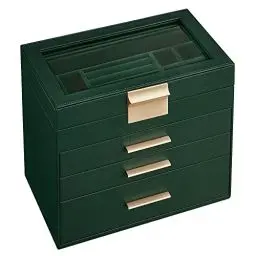 Produktbild: SONGMICS Schmuckkästchen, Schmuckkasten mit 4 Ebenen, Schmuckbox mit Glasdeckel, 3 Schubladen, für Sonnenbrillen, große Schmuckstücke, Schmuckaufbewahrung, modern, waldgrün-golden JBC161G01