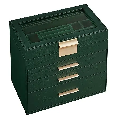 Produktbild: SONGMICS Schmuckkästchen, Schmuckkasten mit 4 Ebenen, Schmuckbox mit Glasdeckel, 3 Schubladen, für Sonnenbrillen, große Schmuckstücke, Schmuckaufbewahrung, modern, waldgrün-golden JBC161G01