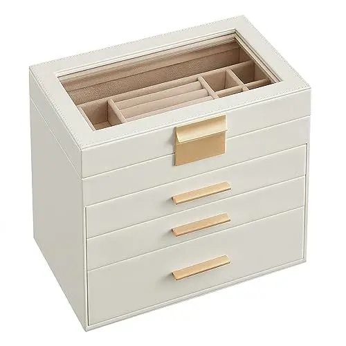 Produktbild: SONGMICS Schmuckkästchen, Schmuckkasten mit 4 Ebenen, Schmuckbox mit Glasdeckel, 3 Schubladen, für Sonnenbrillen, große Schmuckstücke, Schmuckaufbewahrung, modern, wolkenweiß-golden JBC161W01