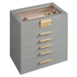 Produktbild: SONGMICS Schmuckkästchen, Schmuckkasten mit 6 Ebenen, Schmuckbox mit Glasdeckel, 5 Schubladen, für Sonnenbrillen, große Schmuckstücke, Schmuckaufbewahrung, modern, taubengrau-golden JBC171G01