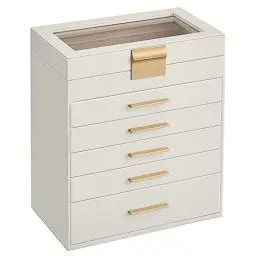 Produktbild: SONGMICS Schmuckkästchen, Schmuckkasten mit 6 Ebenen, Schmuckbox mit Glasdeckel, 5 Schubladen, für Sonnenbrillen, große Schmuckstücke, Schmuckaufbewahrung, modern, wolkenweiß-golden JBC171W01