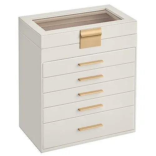Produktbild: SONGMICS Schmuckkästchen, Schmuckkasten mit 6 Ebenen, Schmuckbox mit Glasdeckel, 5 Schubladen, für Sonnenbrillen, große Schmuckstücke, Schmuckaufbewahrung, modern, wolkenweiß-golden JBC171W01