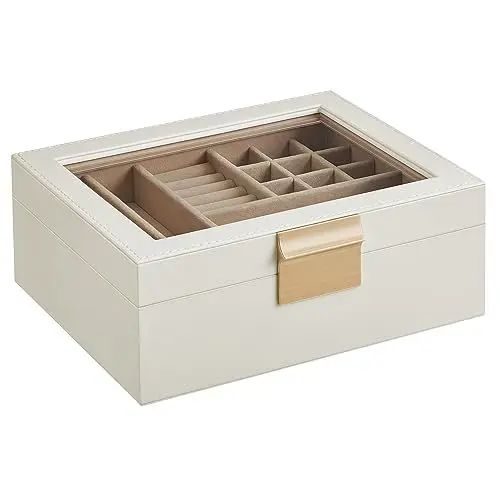 Produktbild: SONGMICS Schmuckkästchen mit Glasdeckel, Schmuckkasten mit 2 Ebenen, Geschenk für Ihre Liebsten, Weiss JBC238W01