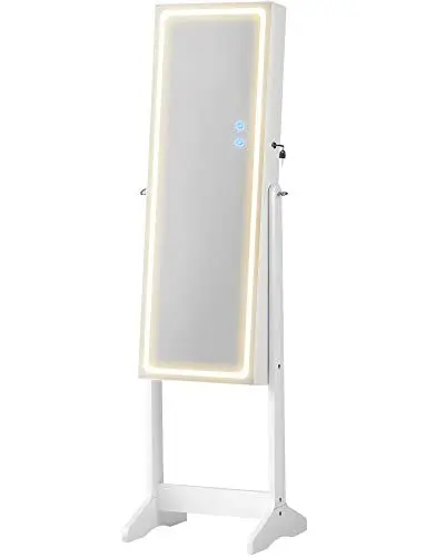 Produktbild: SONGMICS Schmuckschrank, Spiegelschrank, Schmuck-Organizer mit LED-Beleuchtung, einstellbare Farbe und Helligkeit, mit rahmenlosem Ganzkörperspiegel, Innenspiegel mit Beleuchtung, weiß JJC012W01