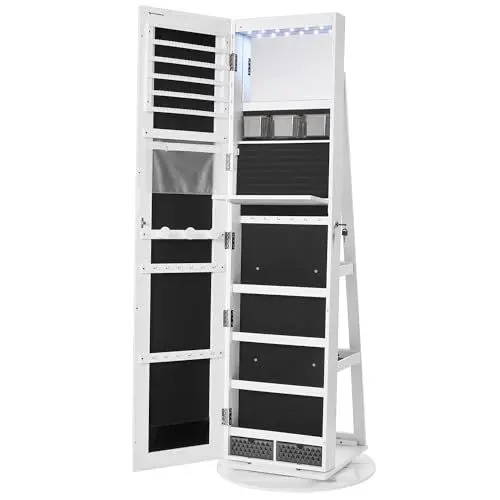 Produktbild: SONGMICS Schmuckschrank, Spiegelschrank, mit rahmenlosem Ganzkörperspiegel, 3 Ablagen, 360° drehbar, abschließbar, Weihnachten, Weiß-Schwarz JJC007W01