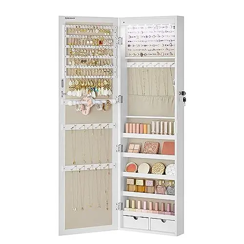 Produktbild: SONGMICS Schmuckschrank, Wand-Aufbewahrungsmöbel für Halsketten, Ohrringe, Zubehörschrank, mit Spiegel, verschiedene Fächer, abschließbar, Weiß und Futter in Grau JJC093W01