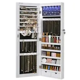 Produktbild: SONGMICS Schmuckschrank mit langem Spiegel, Schmuckaufbewahrung mit 6 LED-Lampen, zum Aufhängen an der Tür oder zur Befestigung an der Wand, großes Fassungsvermögen, 2 Schubladen, Weiß JJC99WT