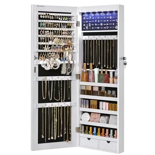 Produktbild: SONGMICS Schmuckschrank mit langem Spiegel, Schmuckaufbewahrung mit 6 LED-Lampen, zum Aufhängen an der Tür oder zur Befestigung an der Wand, großes Fassungsvermögen, 2 Schubladen, Weiß JJC99WT