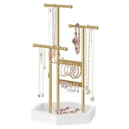 Produktbild: SONGMICS Schmuckständer, Schmuckhalter, 4 getrennte Bereiche, Ohrringhalter aus Metall, Schmuckaufbewahrung für Halsketten Armbänder Ohrringe, Geschenkidee, goldfarben-weiß JJS003A01