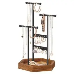 Produktbild: SONGMICS Schmuckständer, Schmuckhalter, 4 getrennte Bereiche, Ohrringhalter aus Metall, Schmuckaufbewahrung für Halsketten Armbänder Ohrringe, Geschenkidee, schwarz-karamellbraun JJS03CB