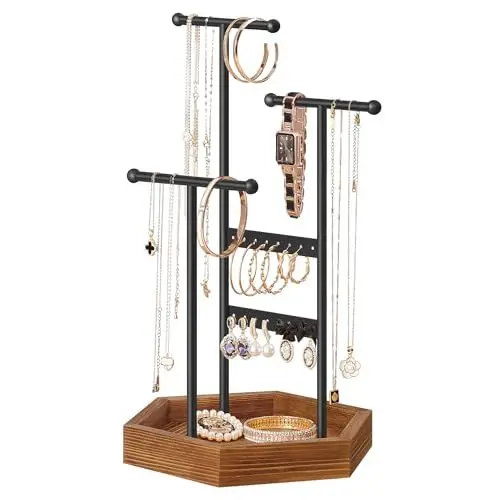 Produktbild: SONGMICS Schmuckständer, Schmuckhalter, 4 getrennte Bereiche, Ohrringhalter aus Metall, Schmuckaufbewahrung für Halsketten Armbänder Ohrringe, Geschenkidee, schwarz-karamellbraun JJS03CB