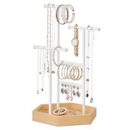 Produktbild: SONGMICS Schmuckständer, Schmuckhalter, 4 getrennte Bereiche, Ohrringhalter aus Metall, Schmuckaufbewahrung für Halsketten Armbänder Ohrringe, Geschenkidee, weiß-naturbeige JJS03NW