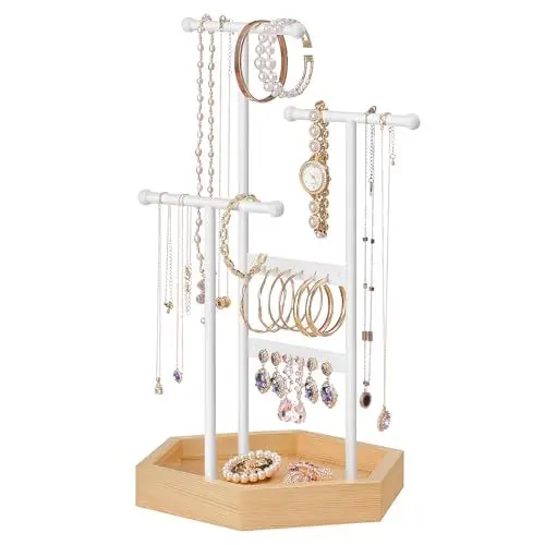 Produktbild: SONGMICS Schmuckständer, Schmuckhalter, 4 getrennte Bereiche, Ohrringhalter aus Metall, Schmuckaufbewahrung für Halsketten Armbänder Ohrringe, Geschenkidee, weiß-naturbeige JJS03NW