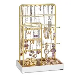 Produktbild: SONGMICS Schmuckständer, Schmuckhalter, Metallrahmen, Schmucktablett Samt, Schmuckaufbewahrung für Halsketten Armbänder Ohrringe Ohrstecker Ringe, Geschenkidee, goldfarben JJS021A01