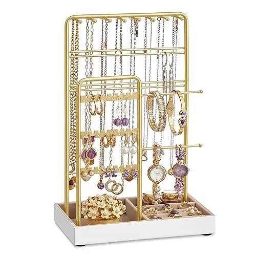 Produktbild: SONGMICS Schmuckständer, Schmuckhalter, Metallrahmen, Schmucktablett Samt, Schmuckaufbewahrung für Halsketten Armbänder Ohrringe Ohrstecker Ringe, Geschenkidee, goldfarben JJS021A01