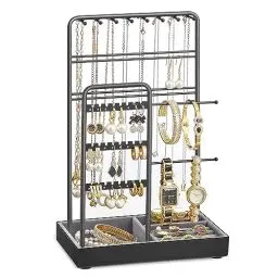 Produktbild: SONGMICS Schmuckständer, Schmuckhalter, Metallrahmen, Schmucktablett Samt, Schmuckaufbewahrung für Halsketten Armbänder Ohrringe Ohrstecker Ringe, Geschenkidee, schwarz JJS021B01