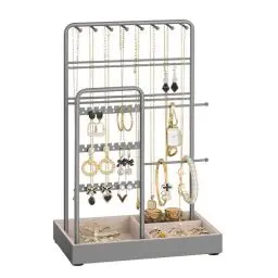 Produktbild: SONGMICS Schmuckständer, Schmuckhalter, Metallrahmen, Schmucktablett Samt, Schmuckaufbewahrung für Halsketten Armbänder Ohrringe Ohrstecker Ringe, Geschenkidee, taubengrau JJS021G01