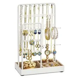 Produktbild: SONGMICS Schmuckständer, Schmuckhalter, Metallrahmen, Schmucktablett Samt, Schmuckaufbewahrung für Halsketten Armbänder Ohrringe Ohrstecker Ringe, Geschenkidee, weiß JJS021W01