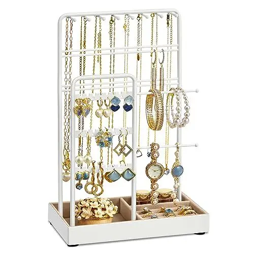 Produktbild: SONGMICS Schmuckständer, Schmuckhalter, Metallrahmen, Schmucktablett Samt, Schmuckaufbewahrung für Halsketten Armbänder Ohrringe Ohrstecker Ringe, Geschenkidee, weiß JJS021W01