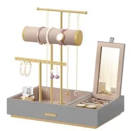 Produktbild: SONGMICS Schmuckständer, Schmuckhalter, Ohrringhalter Metall, Schmucktablett mit Spiegel, Schmuckaufbewahrung für Halsketten Armbänder Ohrringe Ringe, Geschenkidee, taubengrau-goldfarben JJS022G01