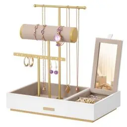 Produktbild: SONGMICS Schmuckständer, Schmuckhalter, Ohrringhalter Metall, Schmucktablett mit Spiegel, Schmuckaufbewahrung für Halsketten Armbänder Ohrringe Ringe, Geschenkidee, weiß-goldfarben JJS022W01