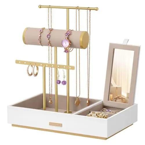 Produktbild: SONGMICS Schmuckständer, Schmuckhalter, Ohrringhalter Metall, Schmucktablett mit Spiegel, Schmuckaufbewahrung für Halsketten Armbänder Ohrringe Ringe, Geschenkidee, weiß-goldfarben JJS022W01