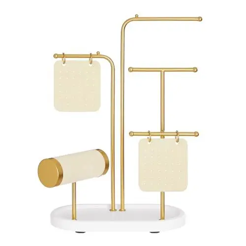 Produktbild: SONGMICS Schmuckständer, Schmuckhalter, Schmuckaufbewahrung, Metallrahmen, 2 kleine Ohrring-Organizer, 4 Hängestangen, Kettenständer, für Ohrringe, Armbänder, Ringe, metallisches Gold JJS025A01