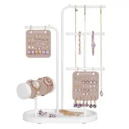 Produktbild: SONGMICS Schmuckständer, Schmuckhalter, Schmuckaufbewahrung, Metallrahmen, 2 kleine Ohrring-Organizer, 4 Hängestangen, Kettenständer, für Ohrringe, Armbänder, Ringe, Weihnachten, wolkenweiß JJS025W01