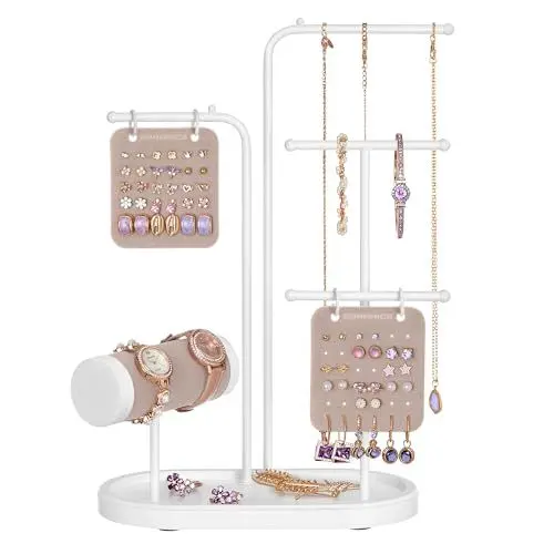 Produktbild: SONGMICS Schmuckständer, Schmuckhalter, Schmuckaufbewahrung, Metallrahmen, 2 kleine Ohrring-Organizer, 4 Hängestangen, Kettenständer, für Ohrringe, Armbänder, Ringe, Weihnachten, wolkenweiß JJS025W01