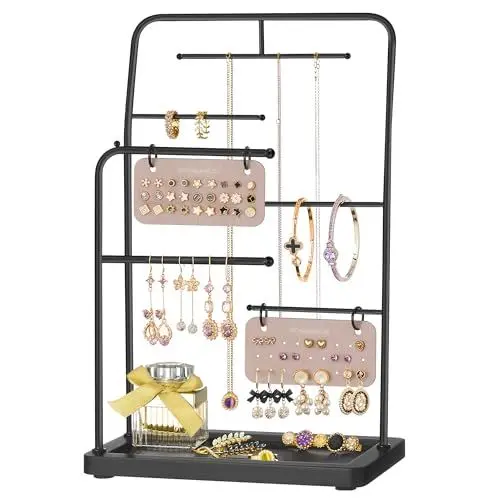 Produktbild: SONGMICS Schmuckständer, Schmuckhalter, Schmuckaufbewahrung aus Metall, 2 kleine Ohrring-Organizer, 6 Hängestangen, für Halsketten, Ohrringe, Armbänder, Ringe, Weihnachten, tintenschwarz JJS024B01