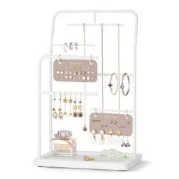 Produktbild: SONGMICS Schmuckständer, Schmuckhalter, Schmuckaufbewahrung aus Metall, 2 kleine Ohrring-Organizer, 6 Hängestangen, für Halsketten, Ohrringe, Armbänder, Ringe, wolkenweiß JJS024W01