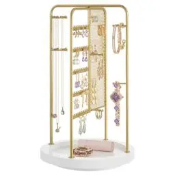 Produktbild: SONGMICS Schmuckständer, Schmuckhalter drehbar, 4 getrennte Bereiche, Metallrahmen, Schmuckaufbewahrung für Halsketten Armbänder Ohrringe Ohrstecker Ringe, Geschenkidee, goldfarben JJS023A01