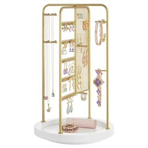 Produktbild: SONGMICS Schmuckständer, Schmuckhalter drehbar, 4 getrennte Bereiche, Metallrahmen, Schmuckaufbewahrung für Halsketten Armbänder Ohrringe Ohrstecker Ringe, Geschenkidee, goldfarben JJS023A01