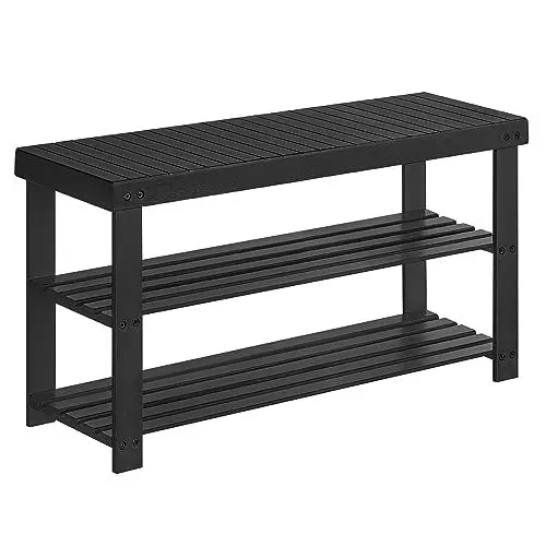 Produktbild: SONGMICS Schuhbank, Schuhregal mit 3 Ebenen, Schuhablage aus Bambus, bis 130 kg belastbar, 28,7 x 90 x 45,3 cm, für Flur, Badezimmer, Schlafzimmer, schwarz LBS090B33