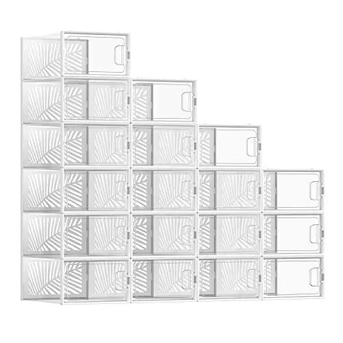 Produktbild: SONGMICS Schuhboxen, 18er Set, Aufbewahrungsbox für Schuhe, robust, faltbar und stapelbar, für Schuhe bis Größe 44, Sportschuhe, High Heels, flache Schuhe, transparent-weiß LSP106W18
