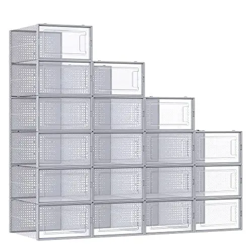 Produktbild: SONGMICS Schuhboxen, 18er Set, Schuh-Organizer aus Kunststoff, faltbar und stapelbar, für Schuhe bis Größe 44, transparent-grau LSP006G18