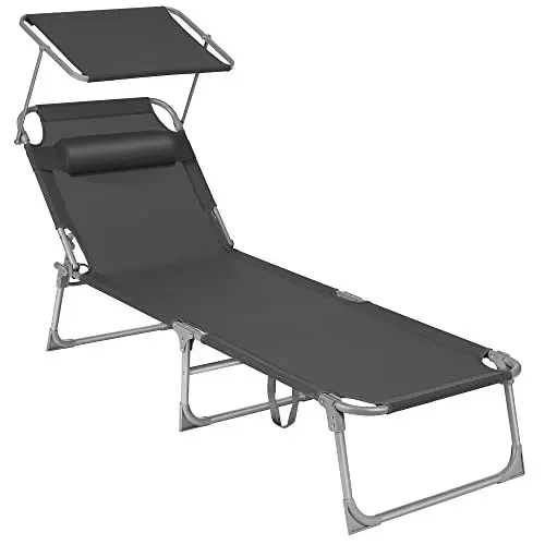 Produktbild: SONGMICS Sonnenliege, klappbarer Liegestuhl, 193 x 53 x 29 cm, trägt bis zu 150 kg, Sonnenschutz, Kopfkissen, verstellbare Rückenlehne, für Garten, Pool, Terrasse, dunkelgrau GCB19UV1