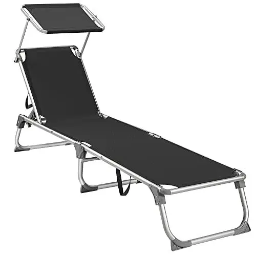 Produktbild: SONGMICS Sonnenliege, klappbarer Liegestuhl, 193 x 55 x 31 cm, max. Belastbarkeit 150 kg, mit Sonnenschutz, verstellbare Rückenlehne, für Terrasse Pool Garten, schwarz GCB019B01