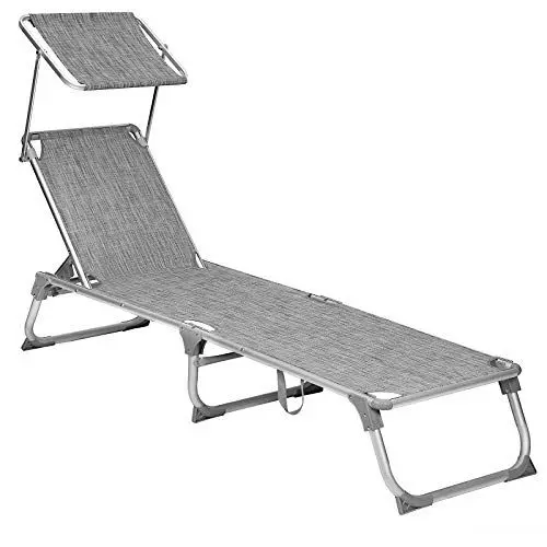Produktbild: SONGMICS Sonnenliege mit Dach, Liegestuhl, Gartenliege, Aluminium, Rückenlehne verstellbar, klappbar, leicht, 55 x 193 x 31 cm, bis 150 kg belastbar, Garten, Balkon, Terrasse, grau meliert GCB19TG