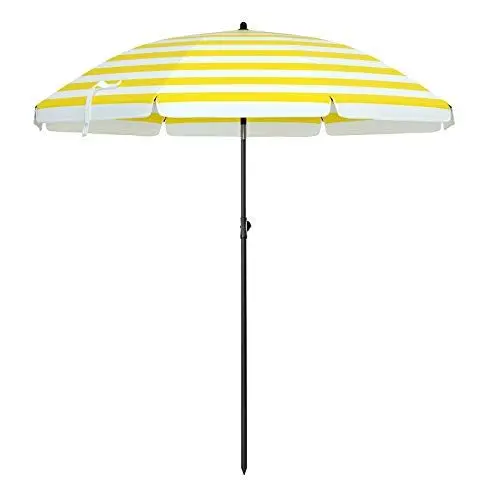 Produktbild: SONGMICS Sonnenschirm 160 cm, Sonnenschutz, UPF 50+, Strandschirm, beidseitig um 30° knickbar, höhenverstellbar, mit Tragetasche, Balkon, Garten, Strand, ohne Ständer, gelb-weiß gestreift GPU60YW
