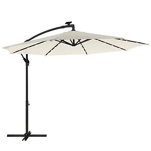 Produktbild: SONGMICS Sonnenschirm mit LED-Solar-Beleuchtung, Ampelschirm 300 cm d, 32 LED-Lämpchen, mit Ständer, Sonnenschutz Balkon, Balkonschirm, UPF 50+, mit Kurbel, für Terrasse, Garten, beige GPU118M01