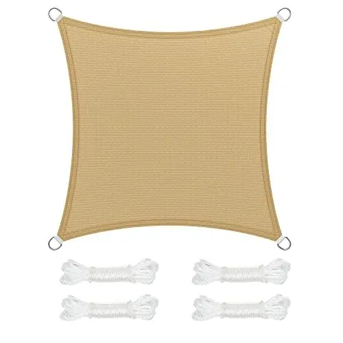 Produktbild: SONGMICS Sonnensegel 2 x 2 m, Sonnenschutz aus HDPE-Gewebe, luftdurchlässig, wasserdurchlässig, für Terrasse, Garten, Balkon, Camping, quadratisch, konkav, 2 m Seile, sandgelb GSS22EY