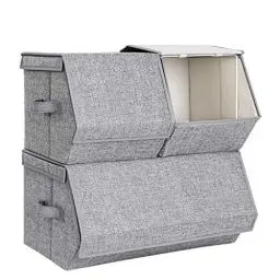 Produktbild: SONGMICS Stapelbare Aufbewahrungsbox mit Deckel, 3er Set, Spielzeug Organizer, Metallrahmen, Magnetverschluss, für Kleidung, Spielzeug und Bücher, grau RLB12GY
