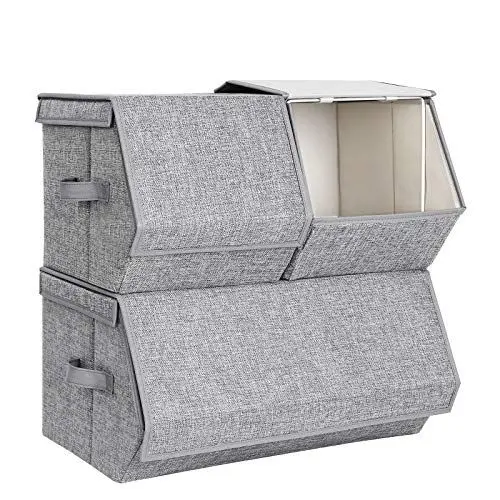 Produktbild: SONGMICS Stapelbare Aufbewahrungsbox mit Deckel, 3er Set, Spielzeug Organizer, Metallrahmen, Magnetverschluss, für Kleidung, Spielzeug und Bücher, grau RLB12GY